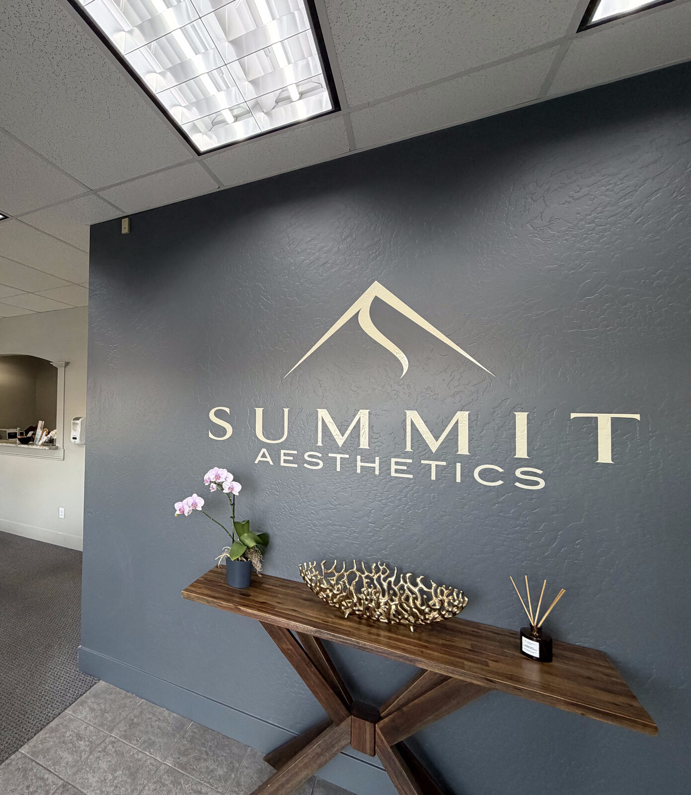 Summit Aesthetics reception with brand logo wall